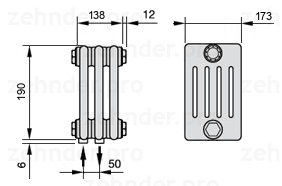 Схема (чертеж) Радиатор Zehnder Charleston 5019/3 №3470 Белый глянцевый RAL 9016